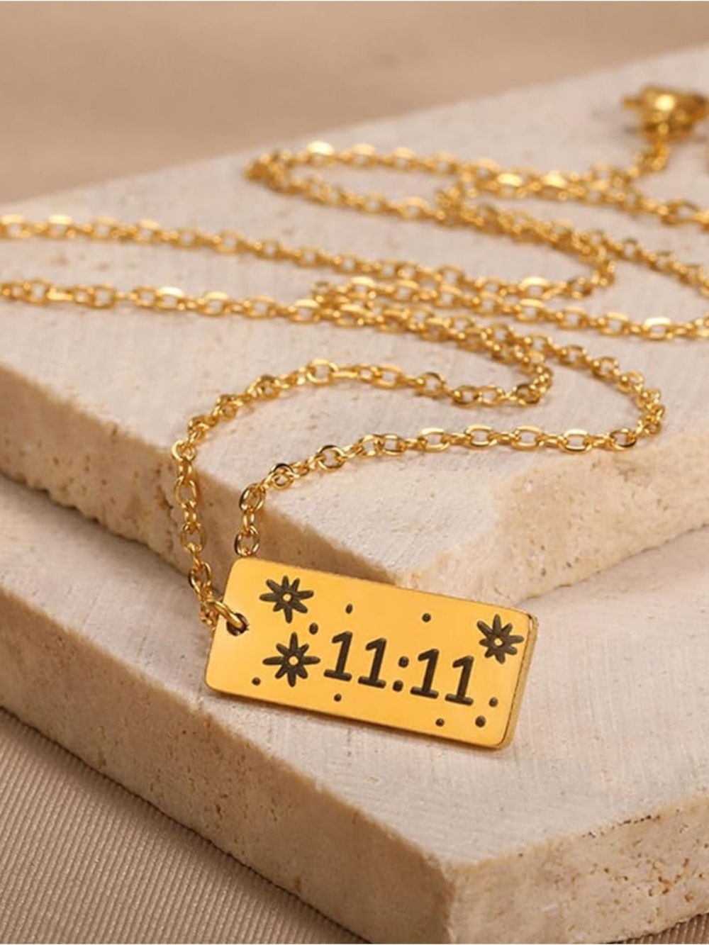 Stylish Stainless Steel Gold Rectangular Pendant Necklace with Number 11:11
